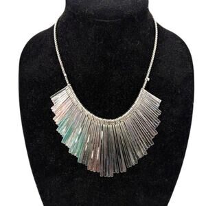 Silver Fringe Y2K Statement Necklace Boho Art Deco Sunburst Festival Jewelry